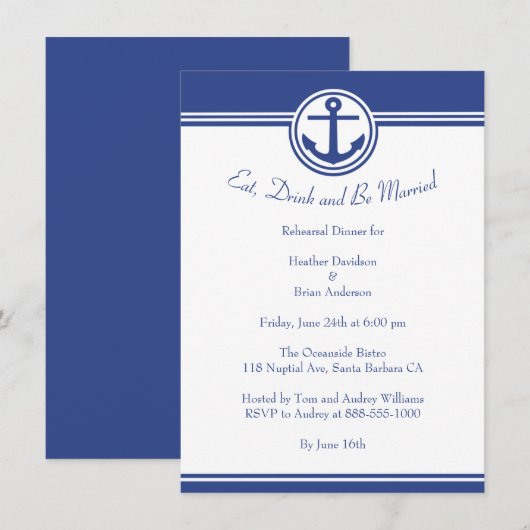 Navy Blue Nautical Anchor Rehearsal Dinner Invite Kaart (Voorkant / Achterkant)
