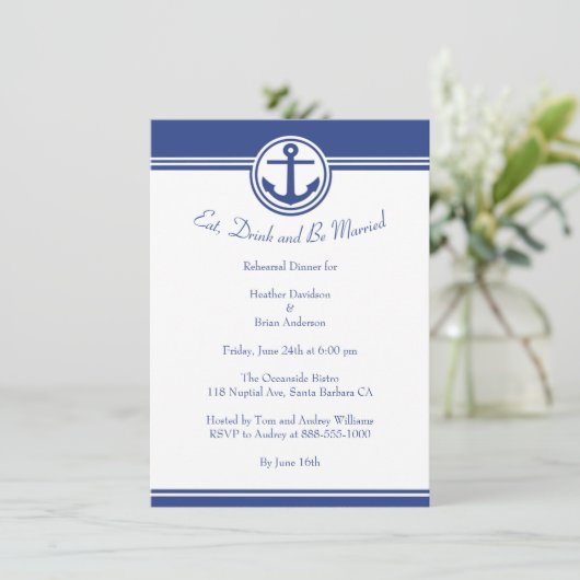Navy Blue Nautical Anchor Rehearsal Dinner Invite Kaart (Staand voorkant)