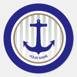 Navy Blue Nautical Anchor Stripes Ronde Sticker