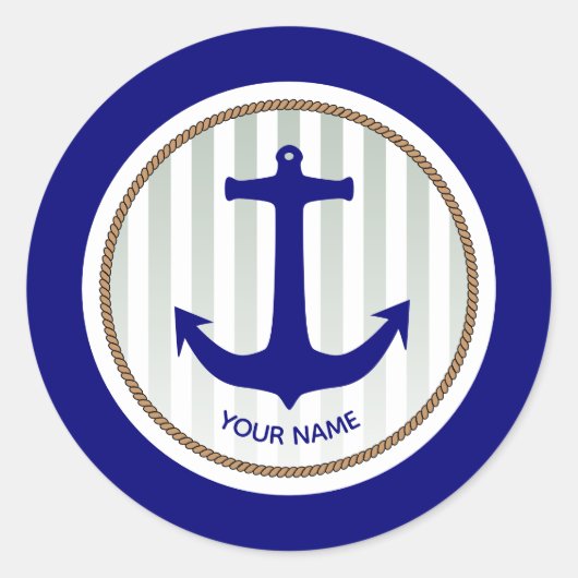 Navy Blue Nautical Anchor Stripes Ronde Sticker (Voorkant)