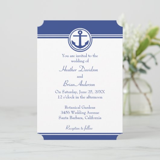 Navy Blue Nautical Anchor Wedding Invitation Kaart (Staand voorkant)