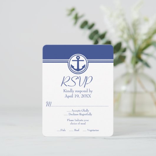 Navy Blue Nautical Anchor Wedding RSVP Kaart (Staand voorkant)