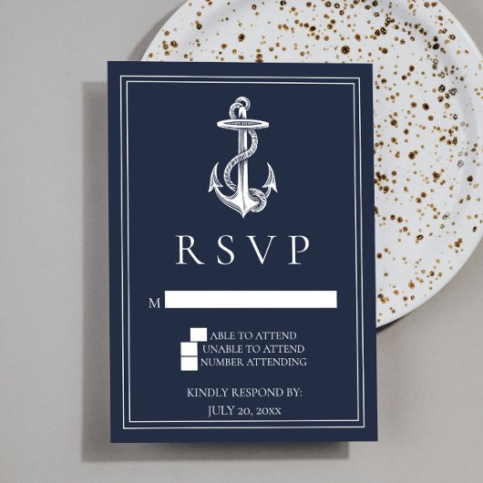 Navy Blue Nautical Anchor Wedding RSVP Kaart