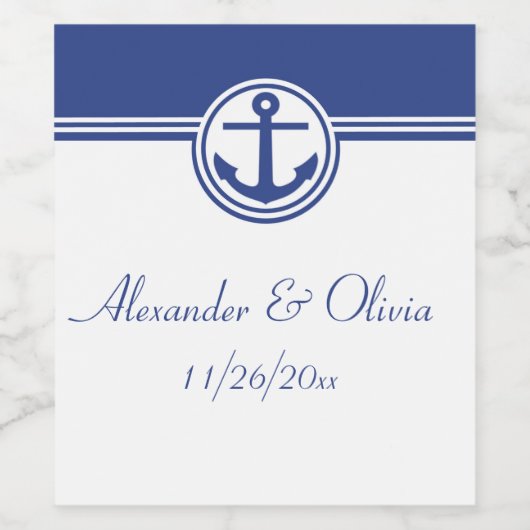 Navy Blue Nautical Anchor Wijn Etiket (Enkel label)