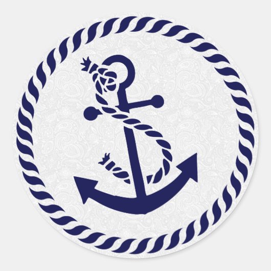 Navy Blue Nautical Anchor & Wreath Ronde Sticker (Voorkant)