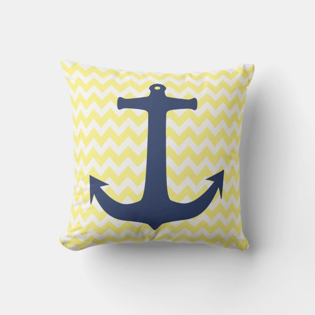 Navy Blue Nautical Anchor Yellow White Chevron Kussen (Voorkant)