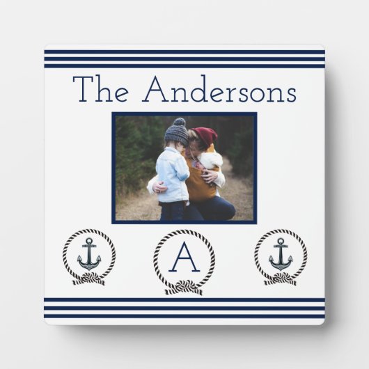 Navy Blue Nautical Anchors Monogram Foto Lijst Fotoplaat (Voorkant)