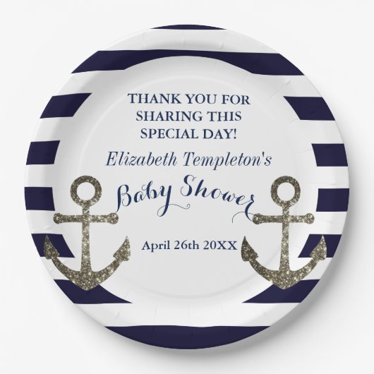 Navy Blue Nautical Anker Baby shower Papieren Bordje (Voorkant)