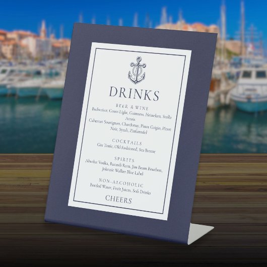 Navy Blue Nautical Anker Drinken Menu Reclamebord Met Voetstuk