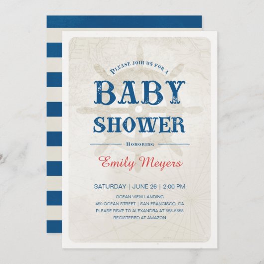 Navy Blue Nautical Baby shower Invitation Kaart (Voorkant / Achterkant)