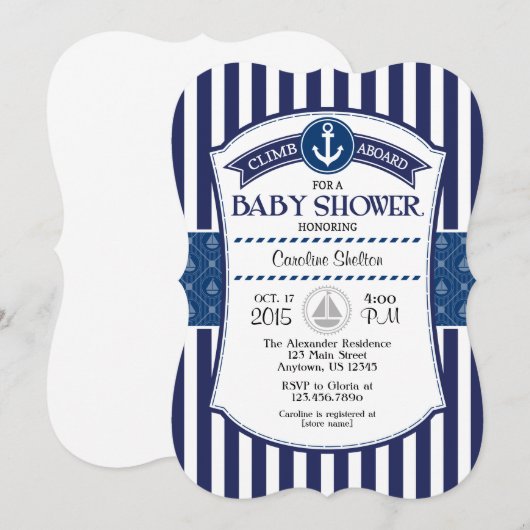 Navy Blue Nautical Baby shower Invitation Kaart (Voorkant / Achterkant)