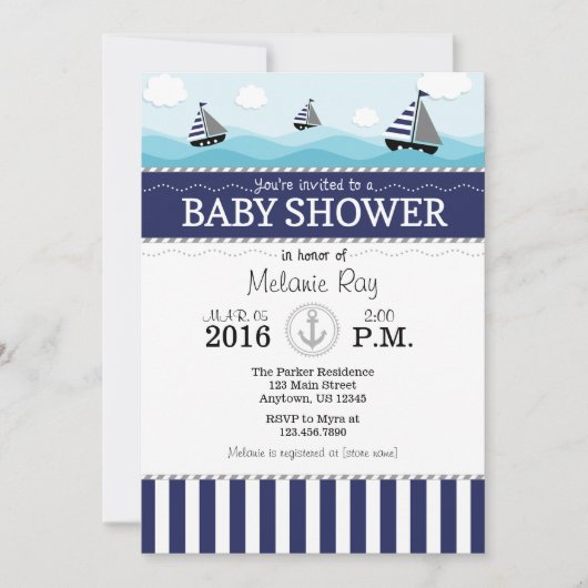 Navy Blue Nautical Baby shower Invitation Kaart (Voorkant)