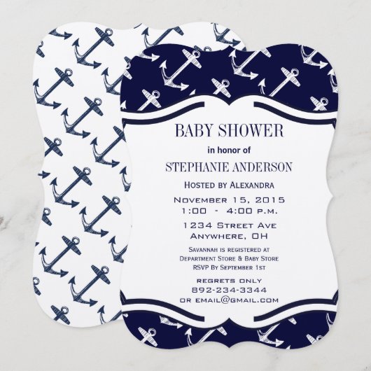 Navy Blue Nautical Baby Shower Kaart (Voorkant / Achterkant)
