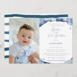 Navy Blue Nautical Baptism 1e verjaardag Kaart