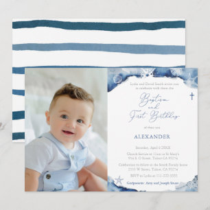 Navy Blue Nautical Baptism 1e verjaardag Kaart