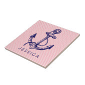 Navy Blue Nautical Boat Anchor 2 en roze Stripes Tegeltje (Zijkant)