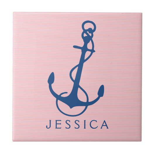 Navy Blue Nautical Boat Anchor op roze Tegeltje (Voorkant)