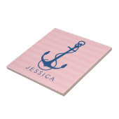 Navy Blue Nautical Boat Anchor op roze Tegeltje (Zijkant)