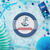 Navy Blue Nautical Boat Anchor & Stripes Papieren Bordje (Feest)