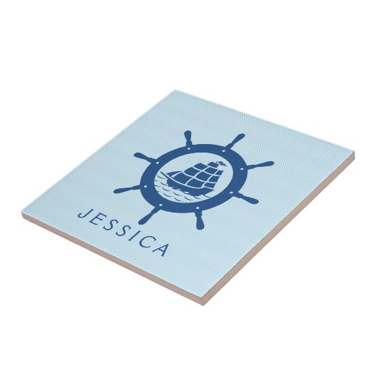 Navy Blue Nautical Boat Wheel Tegeltje (Zijkant)