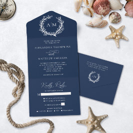 Navy Blue Nautical Coral Ref Wedding All In One Uitnodiging