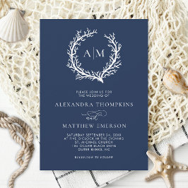Navy Blue Nautical Coral Ref Wedding Kaart