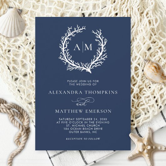 Navy Blue Nautical Coral Ref Wedding Kaart