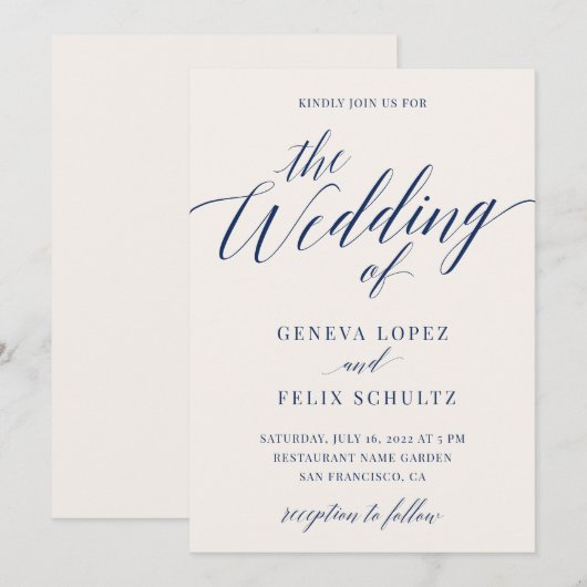 Navy Blue Nautical Elegant Calligraphy Wedding IV Kaart (Voorkant / Achterkant)