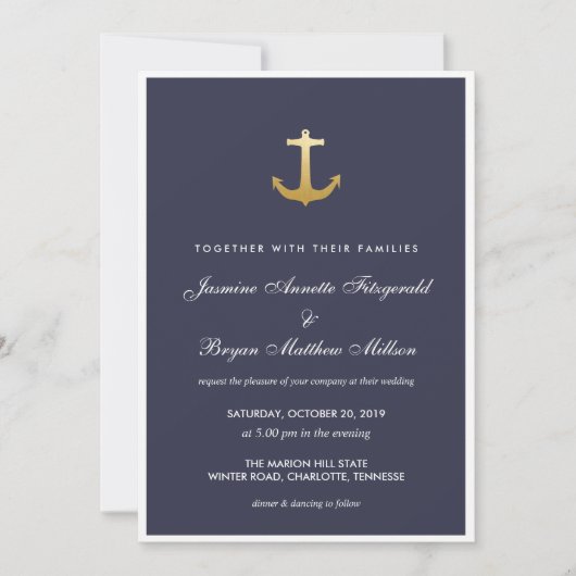 Navy Blue Nautical Faux Gold Foil Anchor Wedding Kaart (Voorkant)