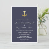 Navy Blue Nautical Faux Gold Foil Anchor Wedding Kaart (Staand voorkant)