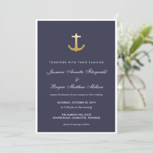 Navy Blue Nautical Faux Gold Foil Anchor Wedding Kaart (Staand voorkant)