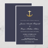Navy Blue Nautical Faux Gold Foil Anchor Wedding Kaart (Voorkant / Achterkant)