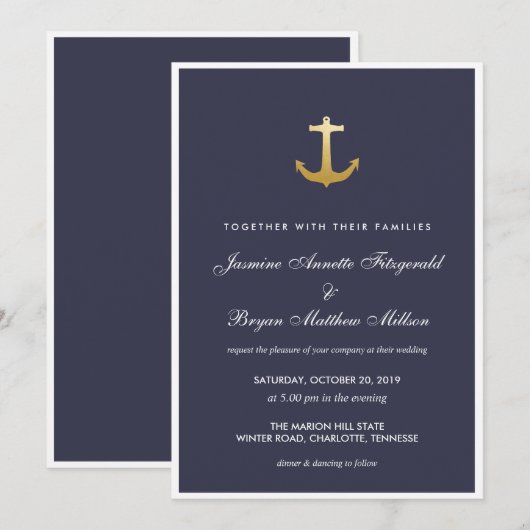 Navy Blue Nautical Faux Gold Foil Anchor Wedding Kaart (Voorkant / Achterkant)