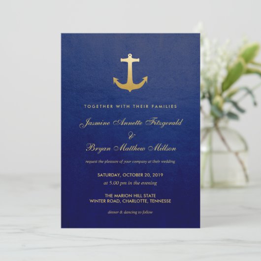 Navy Blue Nautical Faux Gold Foil Anker Wedding Kaart (Staand voorkant)