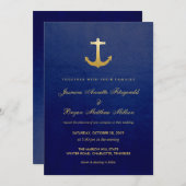 Navy Blue Nautical Faux Gold Foil Anker Wedding Kaart (Voorkant / Achterkant)