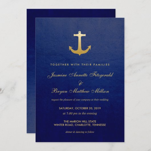 Navy Blue Nautical Faux Gold Foil Anker Wedding Kaart (Voorkant / Achterkant)