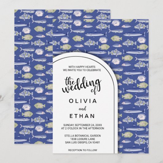 Navy blue nautical fish Patroon Weddenschap Kaart (Voorkant / Achterkant)