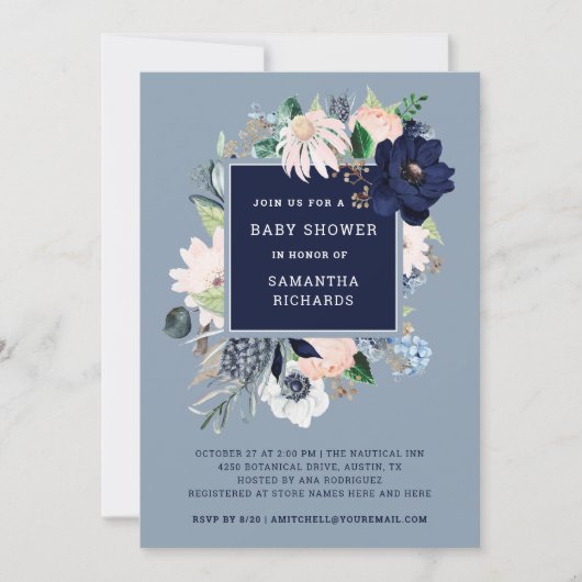 Navy Blue Nautical Floral | Baby shower Kaart (Voorkant)