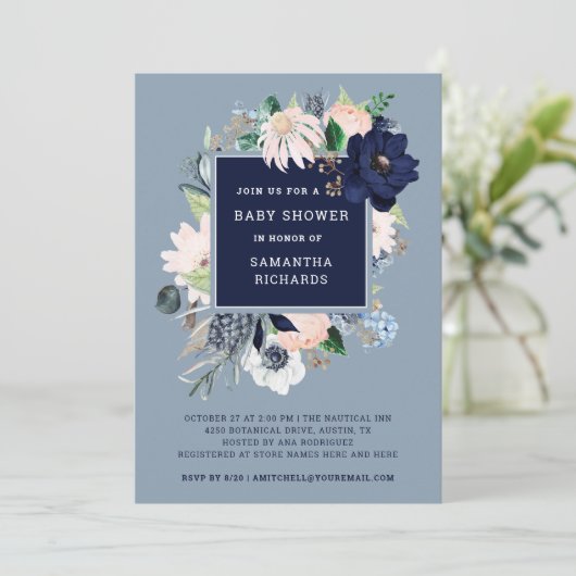 Navy Blue Nautical Floral | Baby shower Kaart (Staand voorkant)