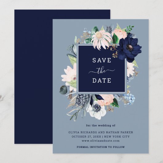 Navy Blue Nautical Floral Save The Date (Voorkant / Achterkant)