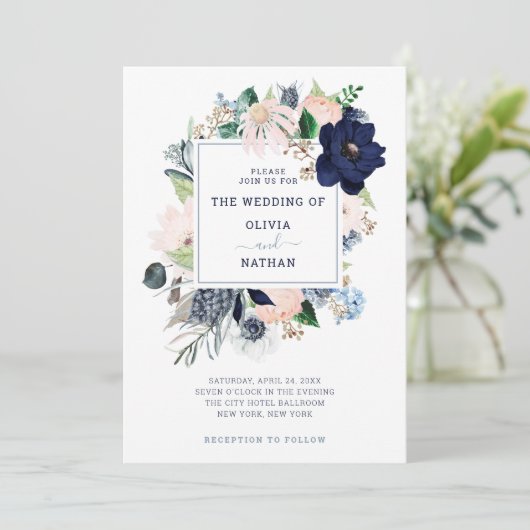 Navy Blue Nautical Floral | Weddenschap Kaart (Staand voorkant)