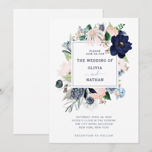 Navy Blue Nautical Floral | Weddenschap Kaart (Voorkant / Achterkant)