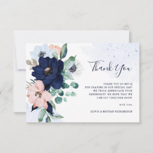 Navy Blue Nautical Flowers Wedding Bedankkaart