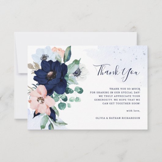 Navy Blue Nautical Flowers Wedding Bedankkaart (Voorkant)