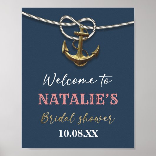 Navy Blue Nautical Gold Anchor Rope Vrijgezellenfe Poster (Voorkant)