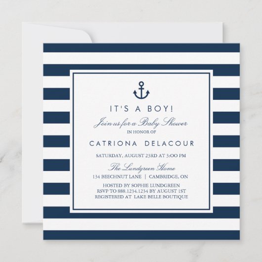 Navy Blue Nautical Het is een Jongen Baby shower Kaart (Voorkant)