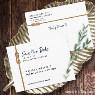 Navy Blue + Nautical Knot Simple Save the Date Aankondigingskaart