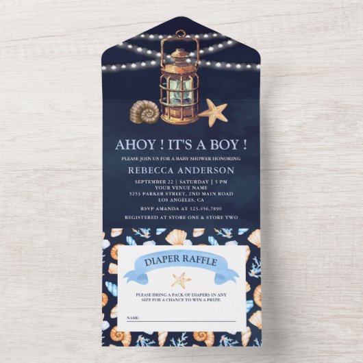 Navy Blue  Nautical Lantern Baby shower All In One Uitnodiging (Binnen)