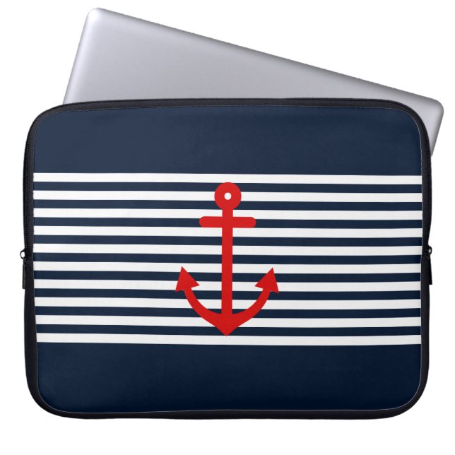 Navy Blue Nautical Laptop Sleeve (Voorkant)