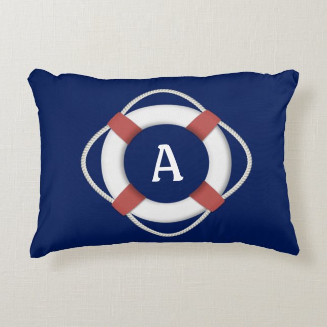 Navy Blue Nautical Lifesaver Monogram Accent Kussen (Voorkant)